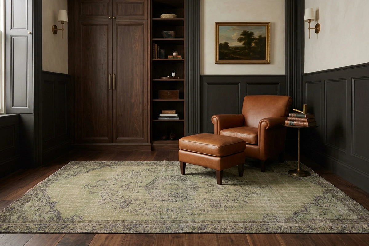 Green Turkish rug in a styled room