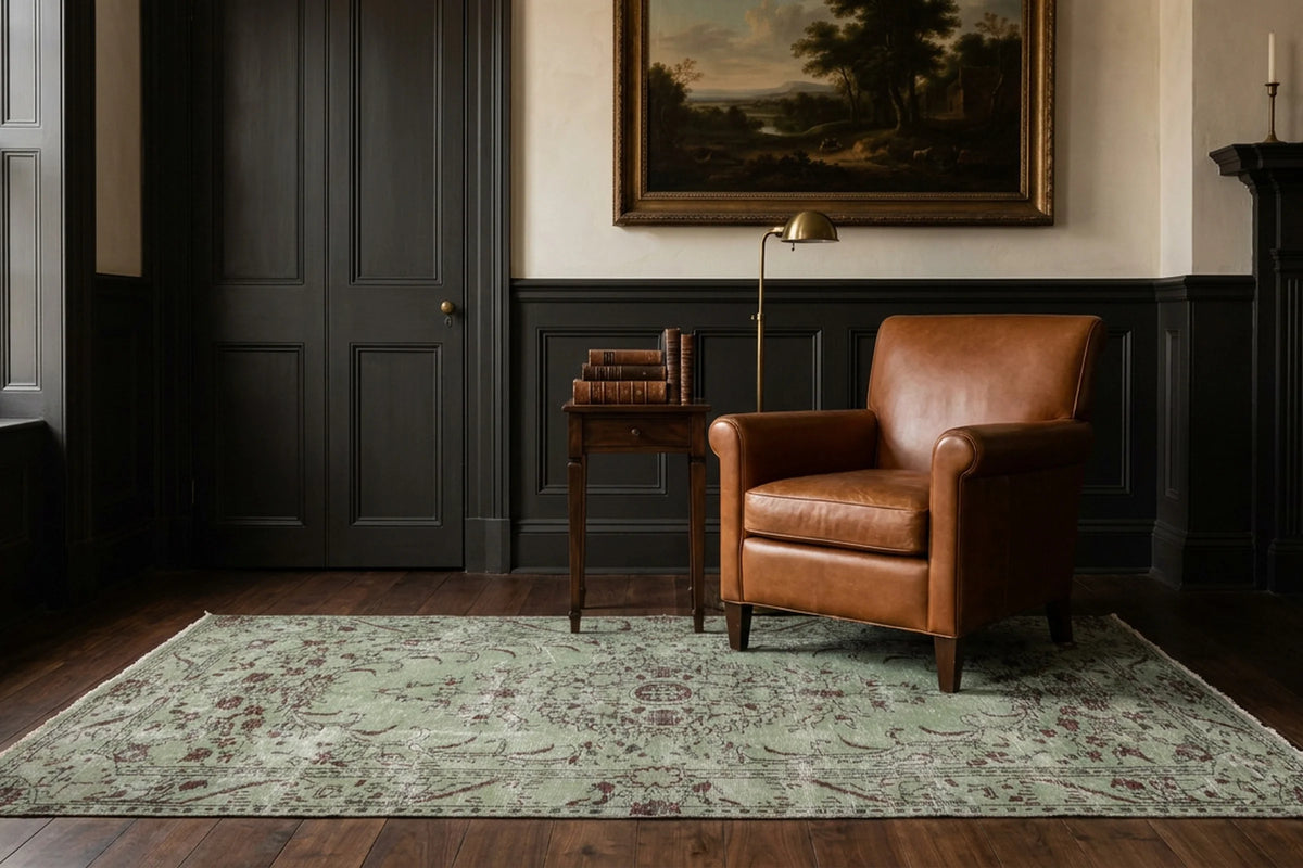 Green Turkish rug in a styled room