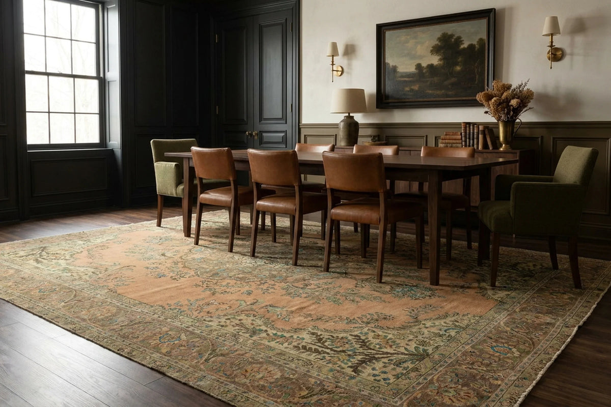 Orange rug in a dining room