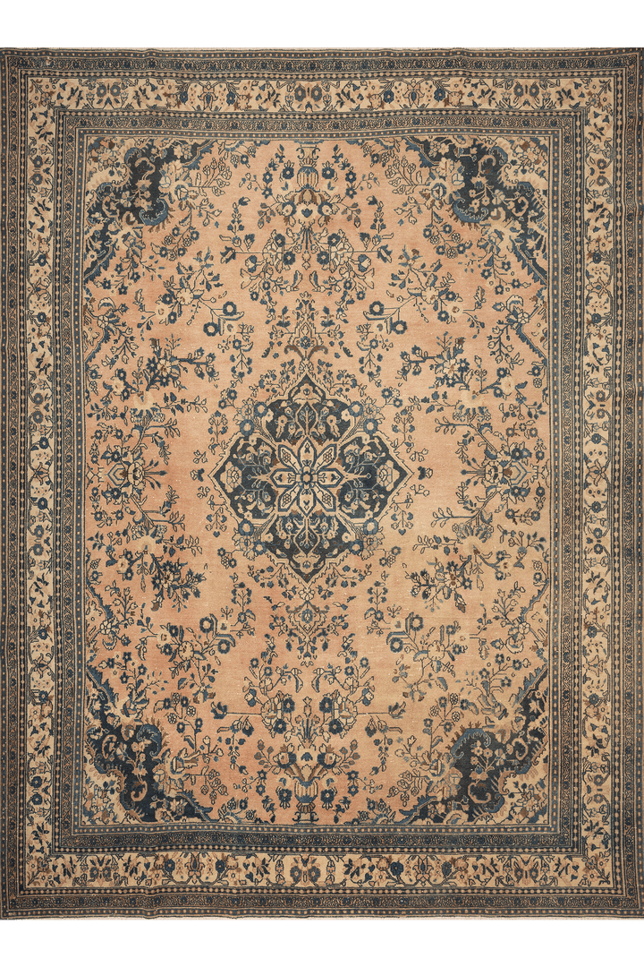 Vintage Southeastern Persian Style Oversize Rug 10x14 ft — Beige & Blue Medallion