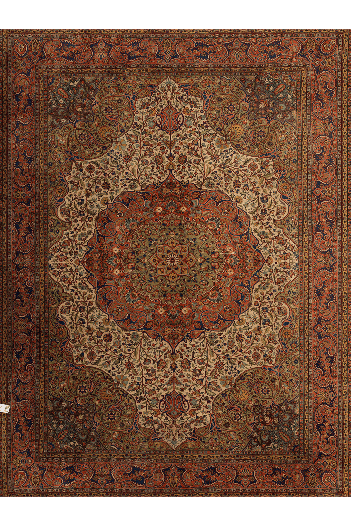 Vintage Konya Turkish Area Rug 8x11 ft — Beige & Orange Medallion