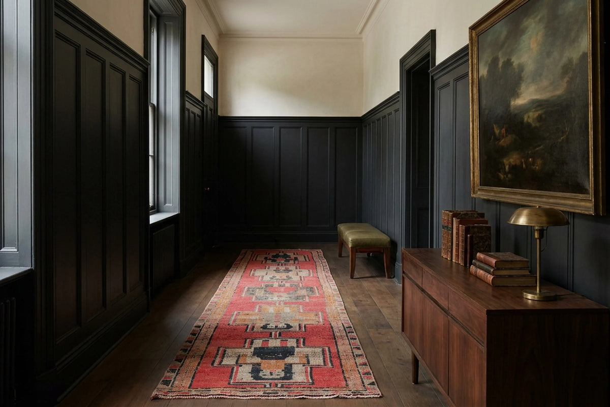 Red Persian runner rug in a styled room