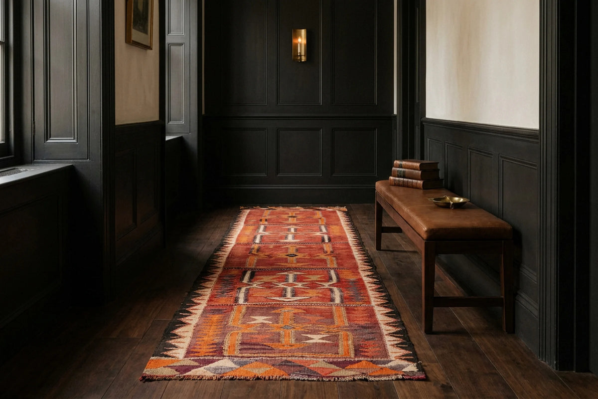 Red Persian runner rug in a styled room
