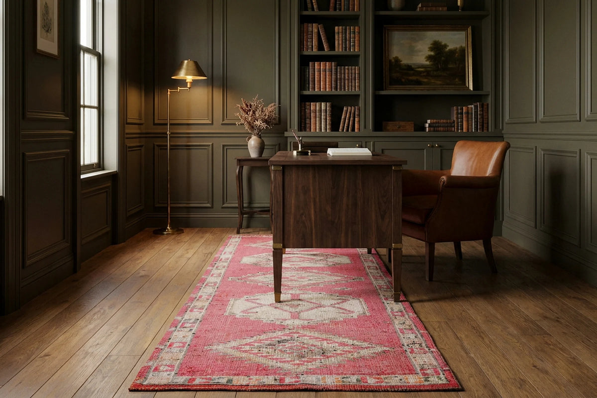 Pink Persian runner rug in a study