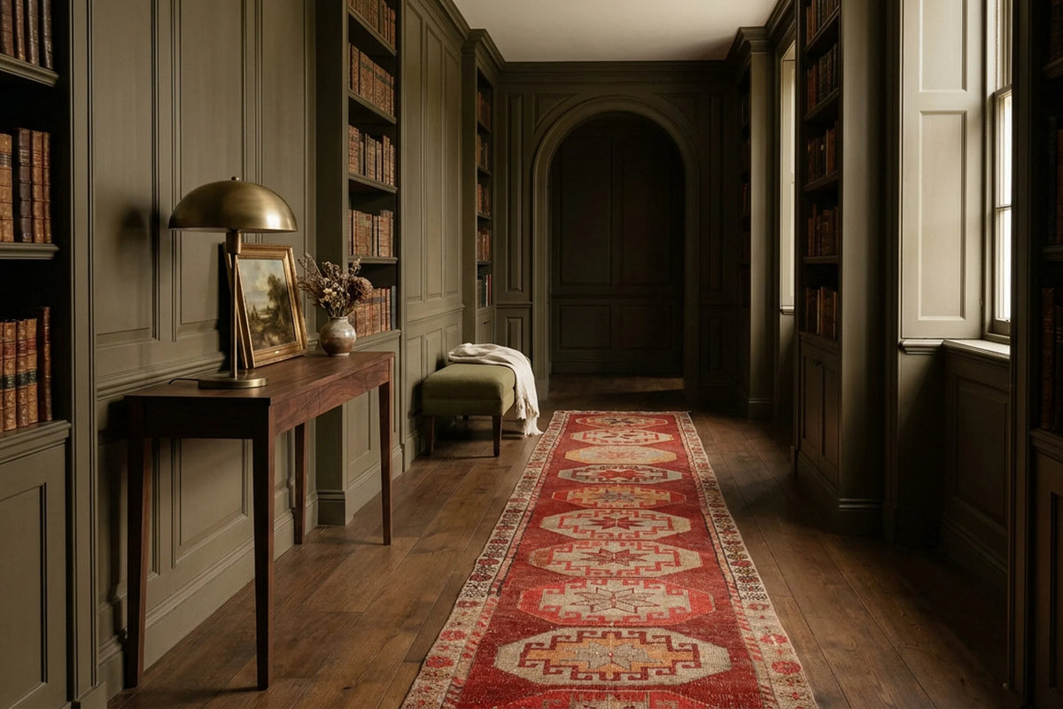 Red Persian runner rug in a corridor