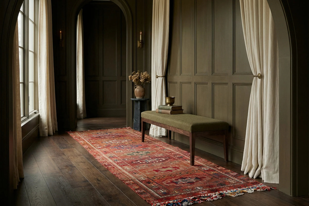Red Persian runner rug in a den
