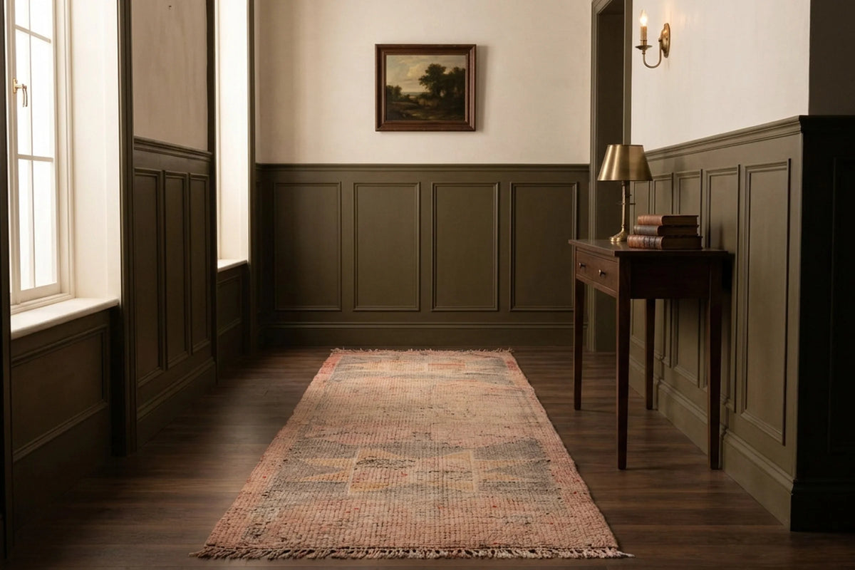 Pink Persian runner rug in a hallway