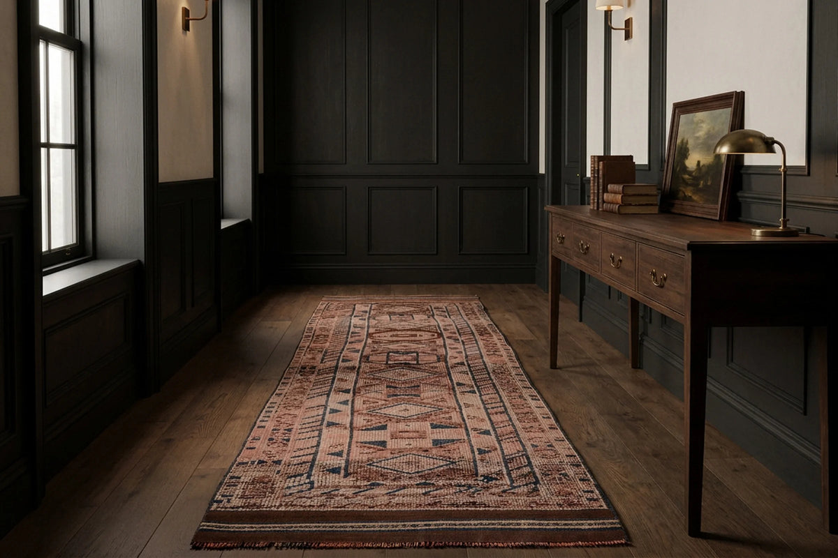 Brown Persian runner rug in a styled room
