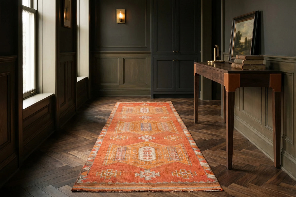 Orange Persian runner rug in a styled room