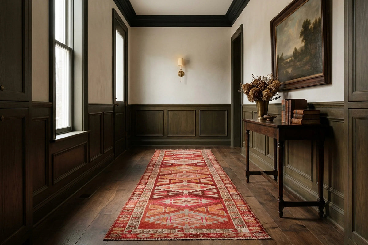 Red Persian runner rug in a den