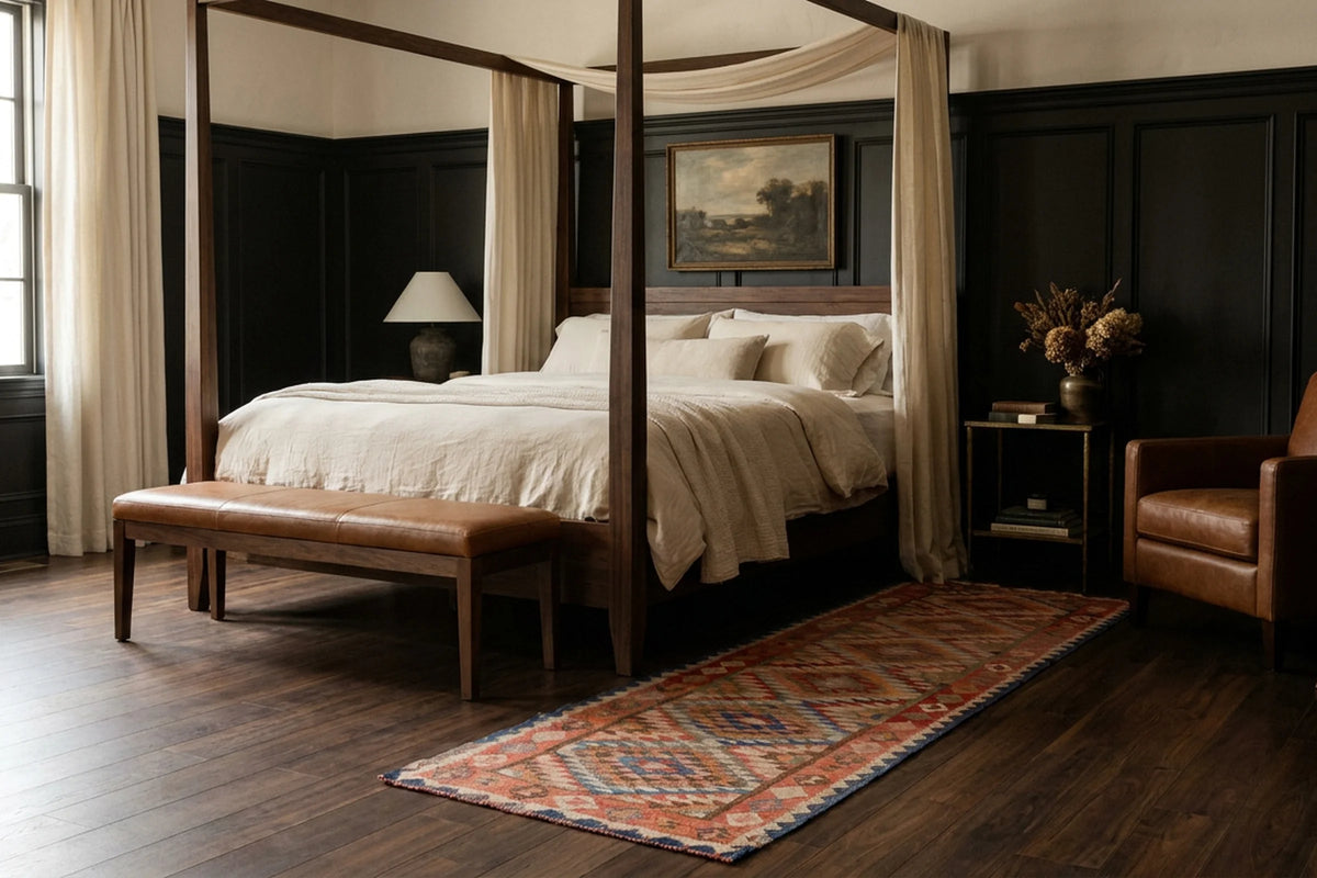 Red Persian runner rug in a bedroom