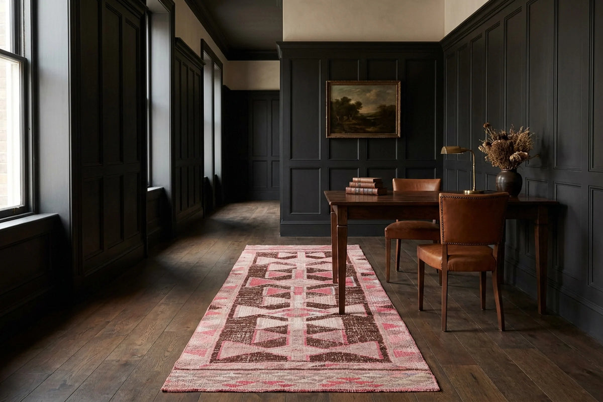 Brown Persian runner rug in a corridor