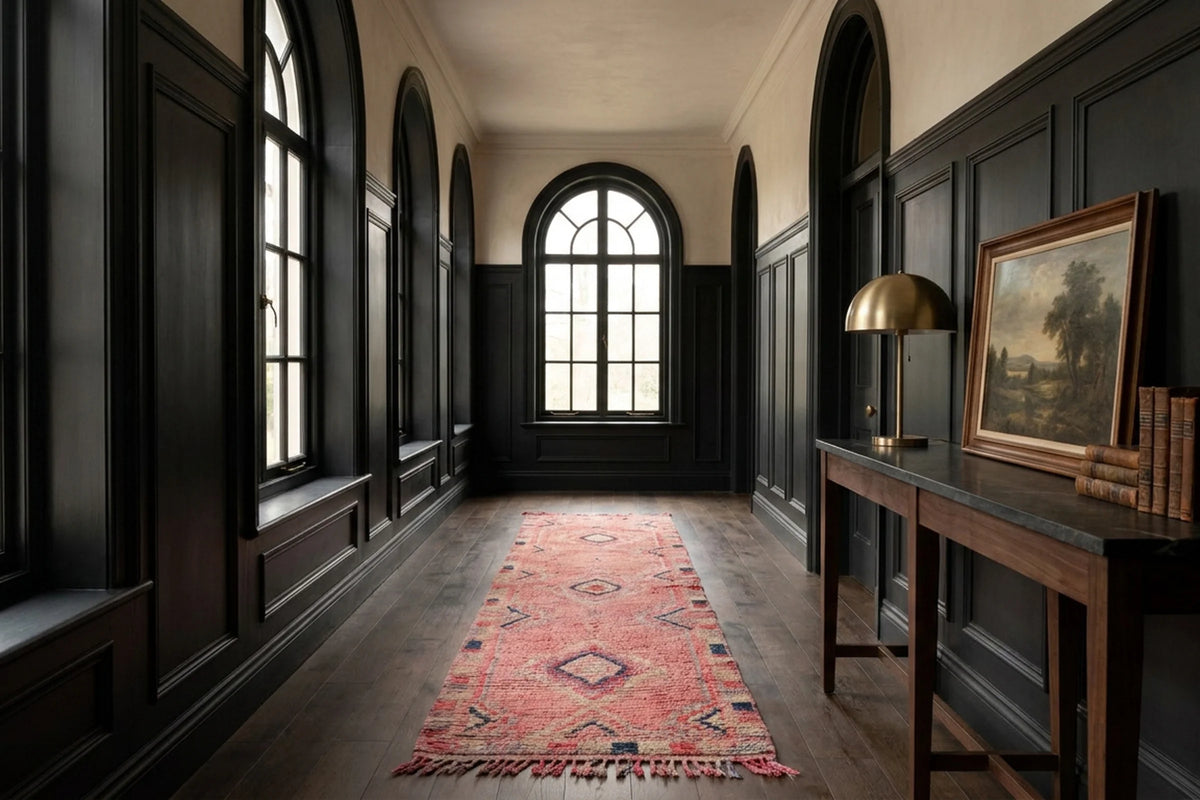 Pink Persian runner rug in a conservatory