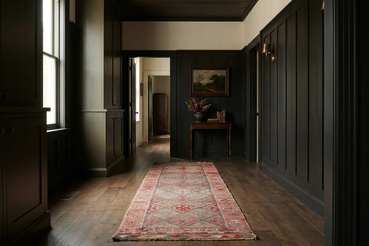Red Persian runner rug in a hallway