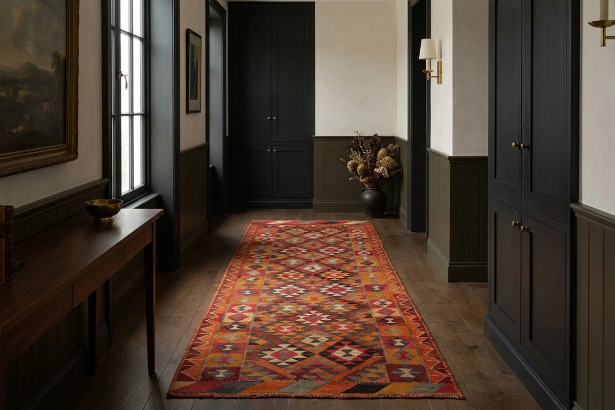 Orange Persian runner rug in a styled room