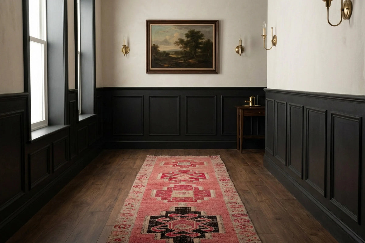 Pink Persian runner rug in a den