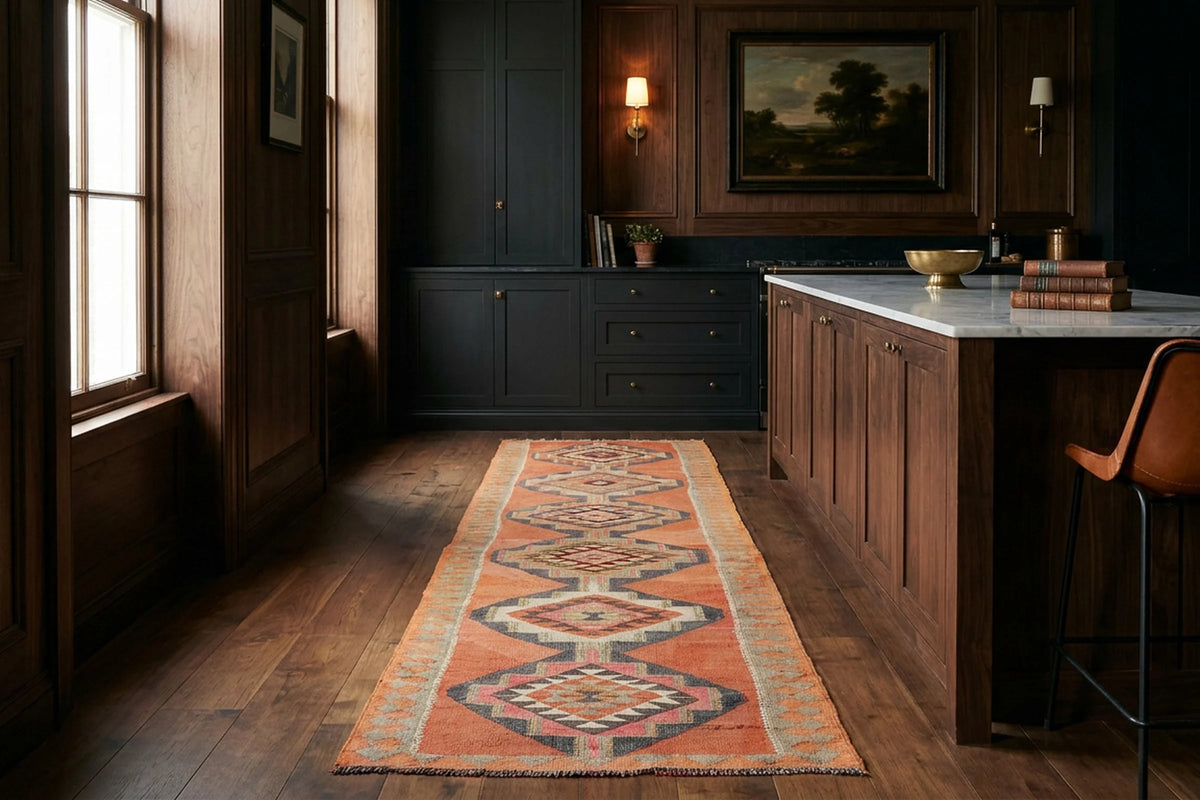 Orange Persian runner rug in a kitchen