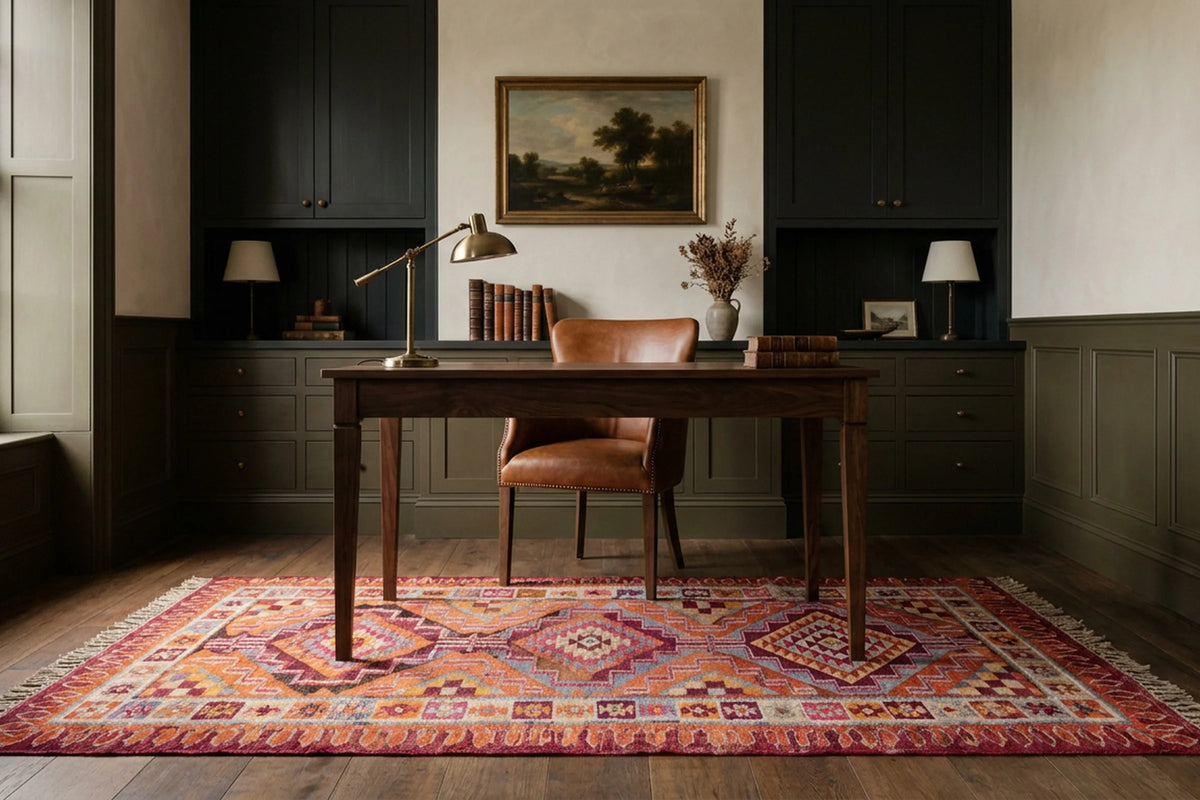 Orange Persian runner rug in a study