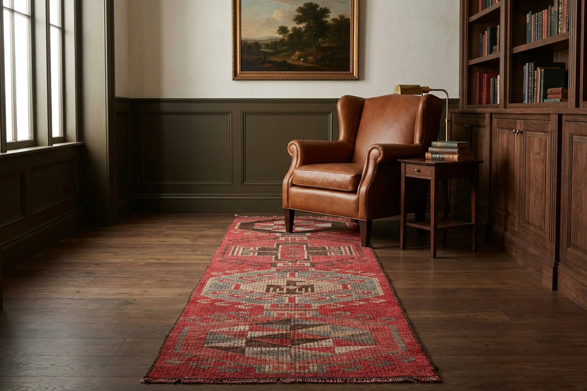Red Persian runner rug in a library