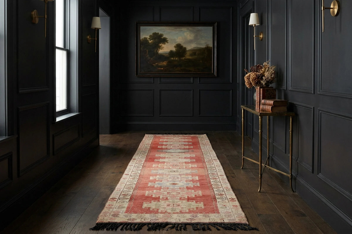 Red Persian runner rug in a dining room