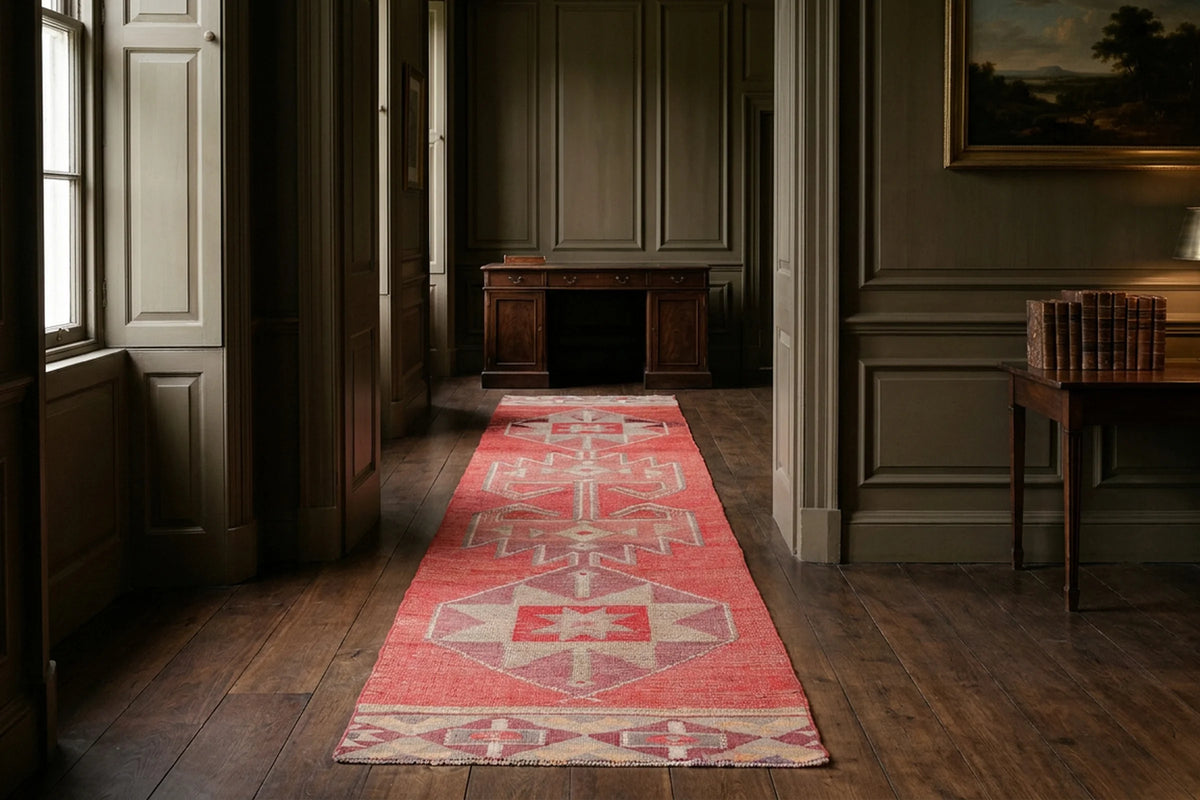 Red Persian runner rug in a library