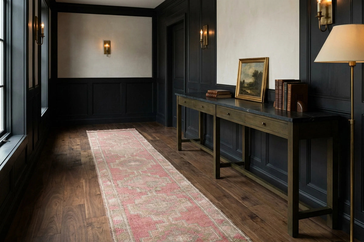 Pink Persian runner rug in a styled room