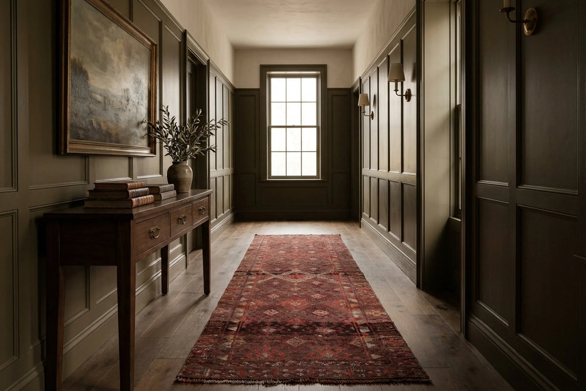 Red Persian runner rug in a styled room