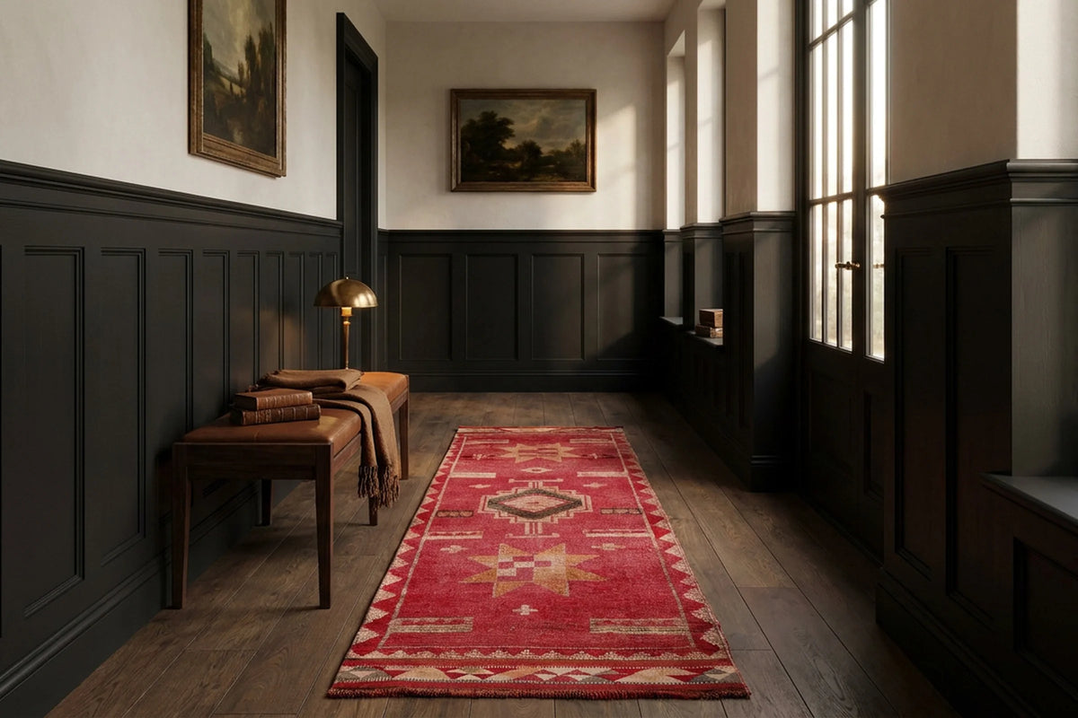 Red Persian runner rug in a conservatory