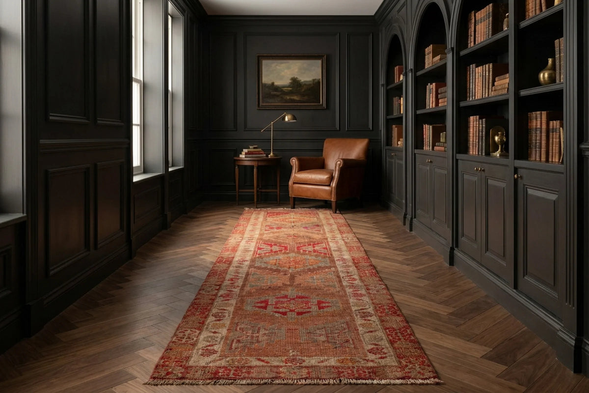 Brown Persian runner rug in a corridor