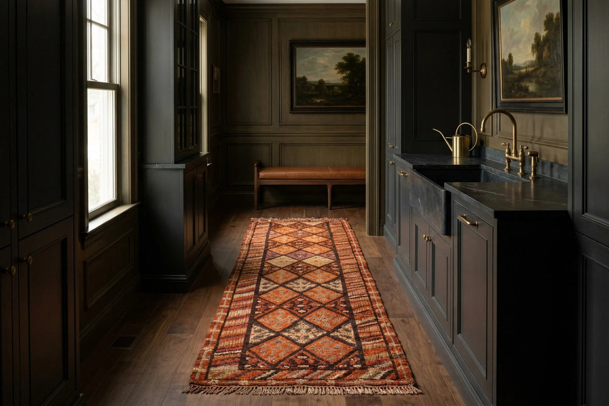 Brown Persian runner rug in a styled room