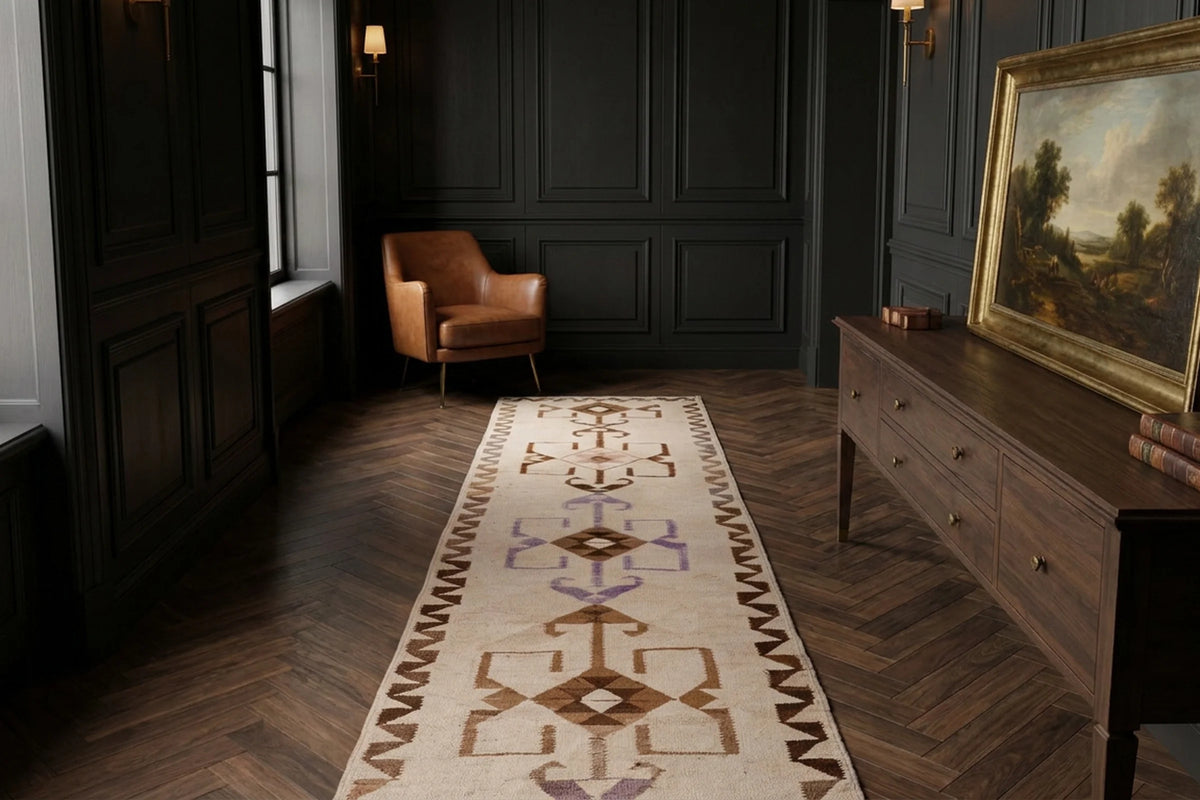 White Persian runner rug in a styled room
