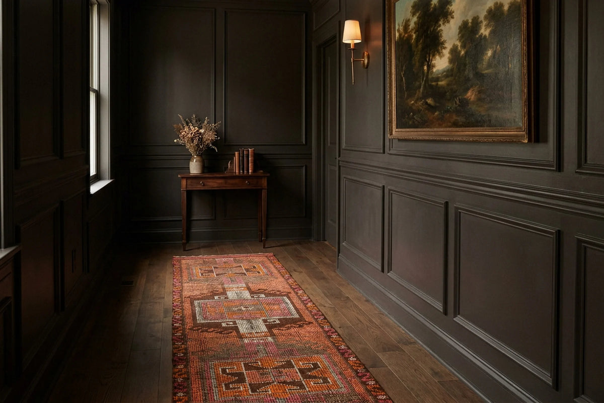Orange Persian runner rug in a styled room