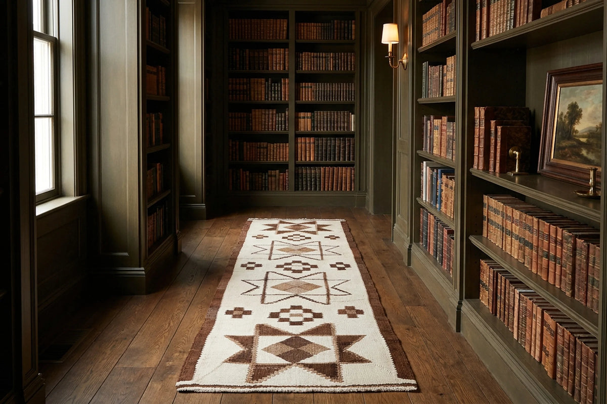 White Persian runner rug in a library