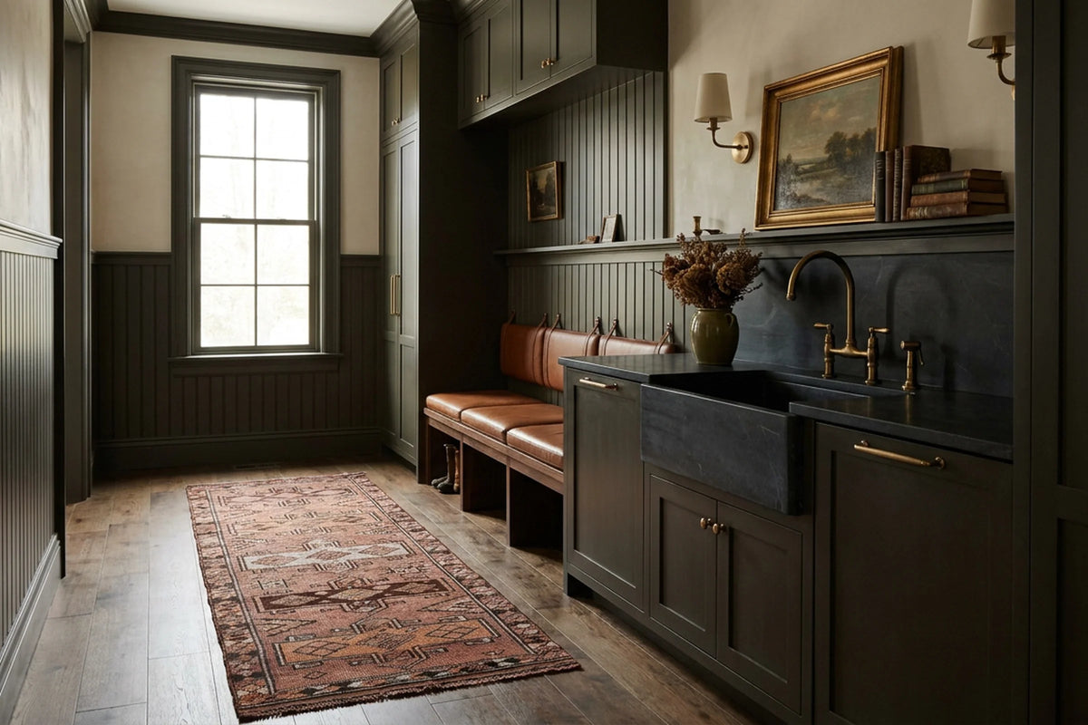 Brown Persian runner rug in a styled room
