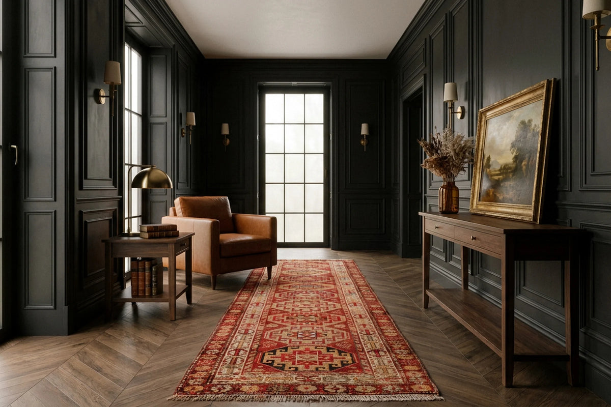 Red Persian runner rug in a styled room