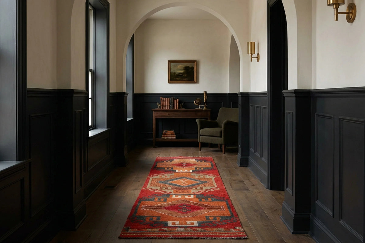 Red Persian runner rug in a hallway