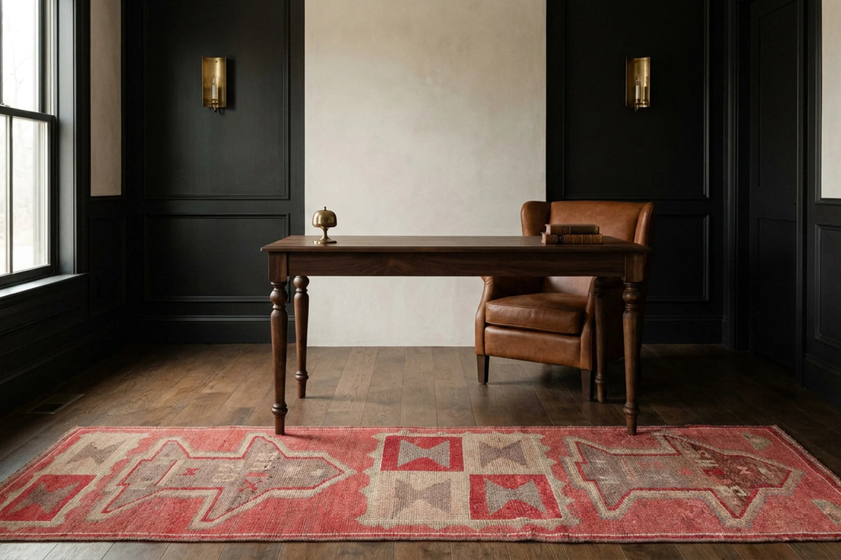 Red Persian runner rug in a study