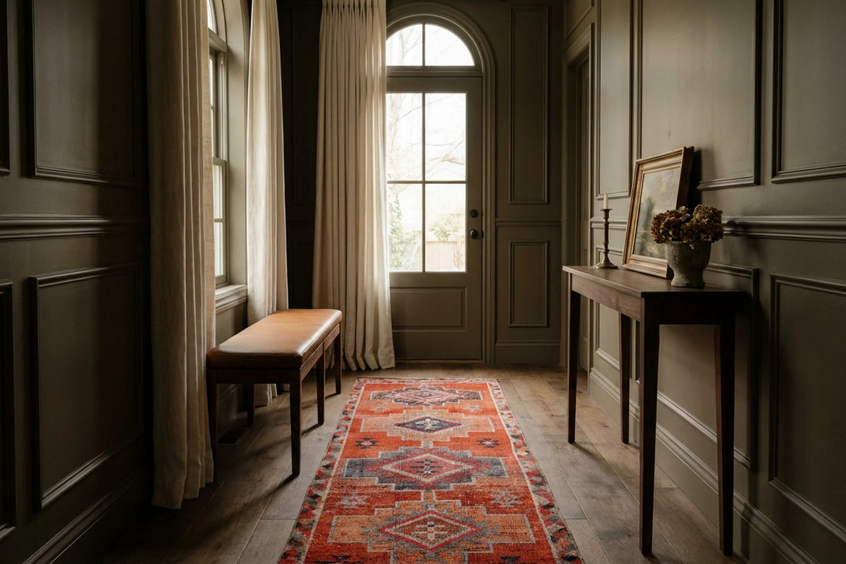 Orange Persian runner rug in a den