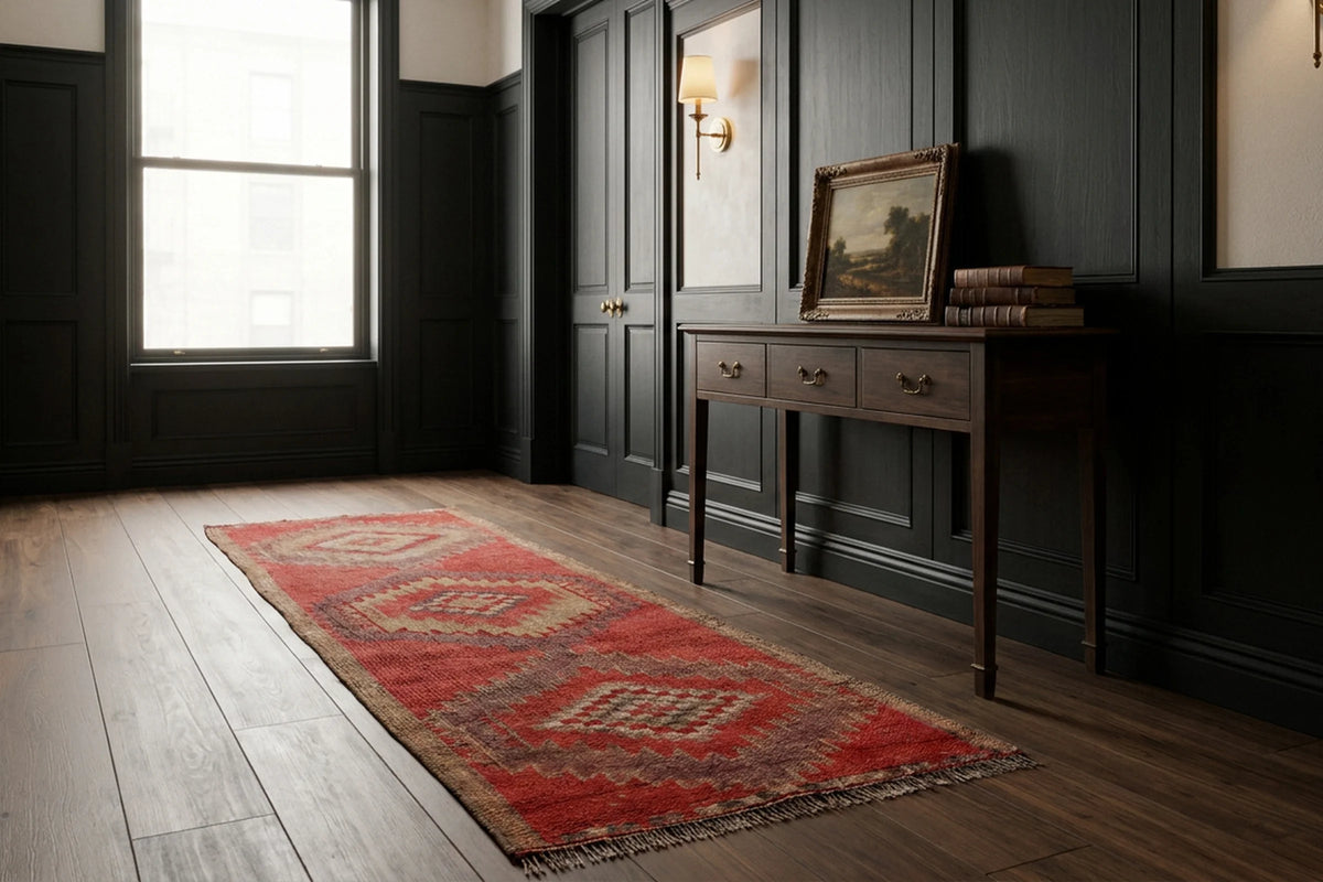 Red Persian runner rug in a hallway