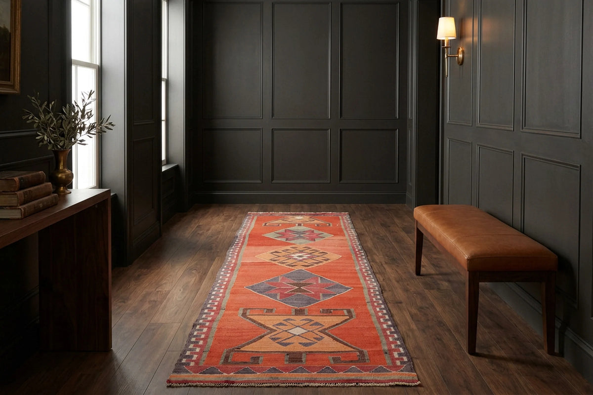 Orange Persian runner rug in a styled room