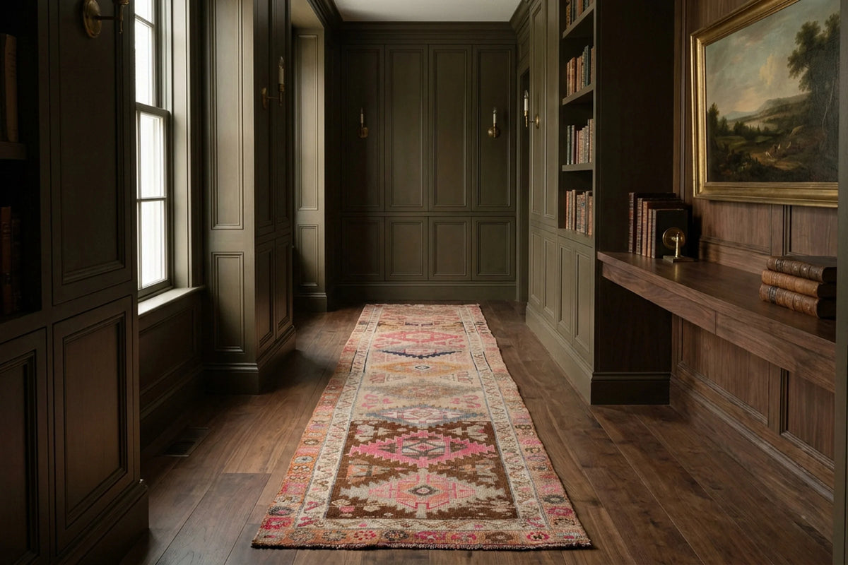 Brown Persian runner rug in a styled room