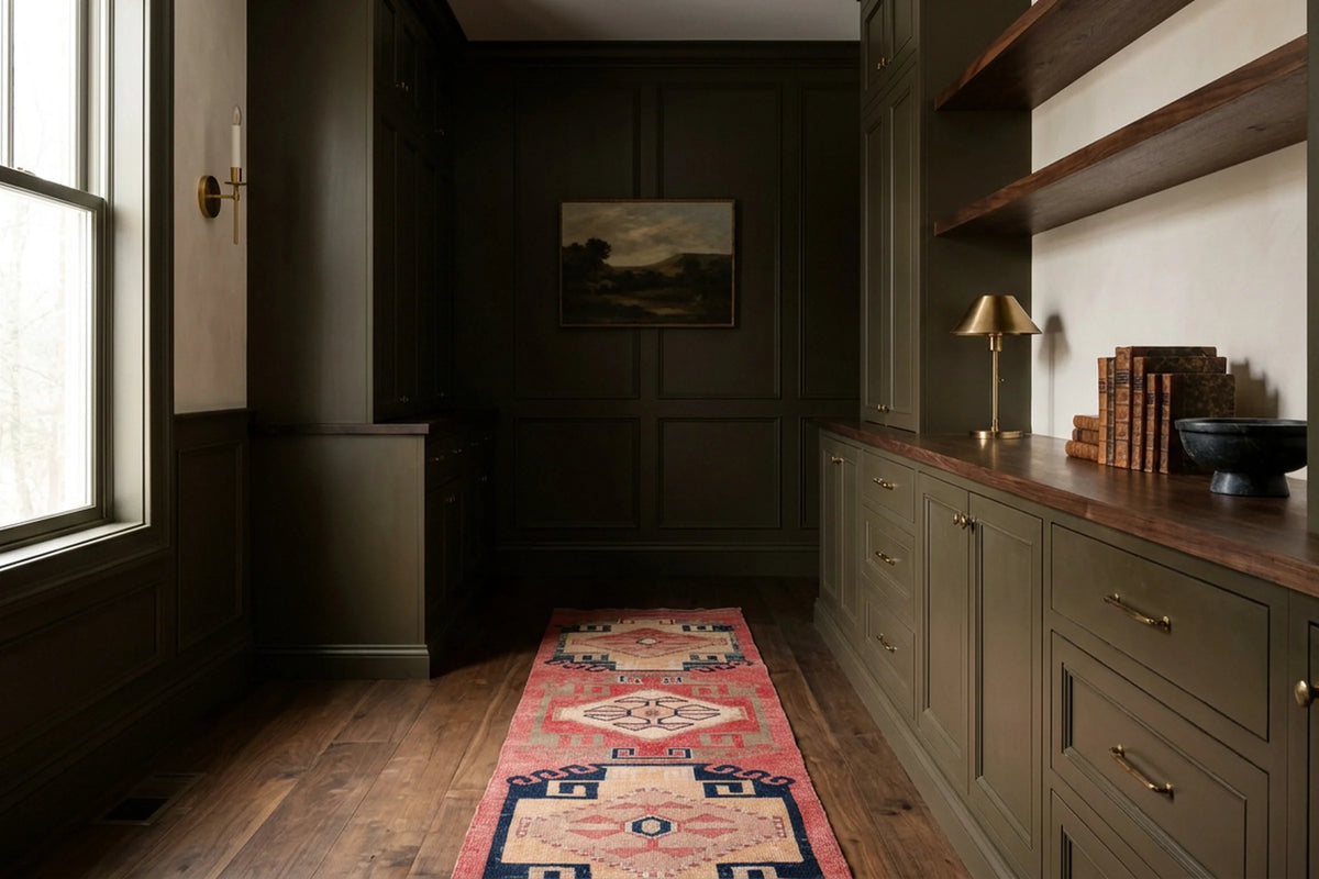 Pink Persian runner rug in a styled room