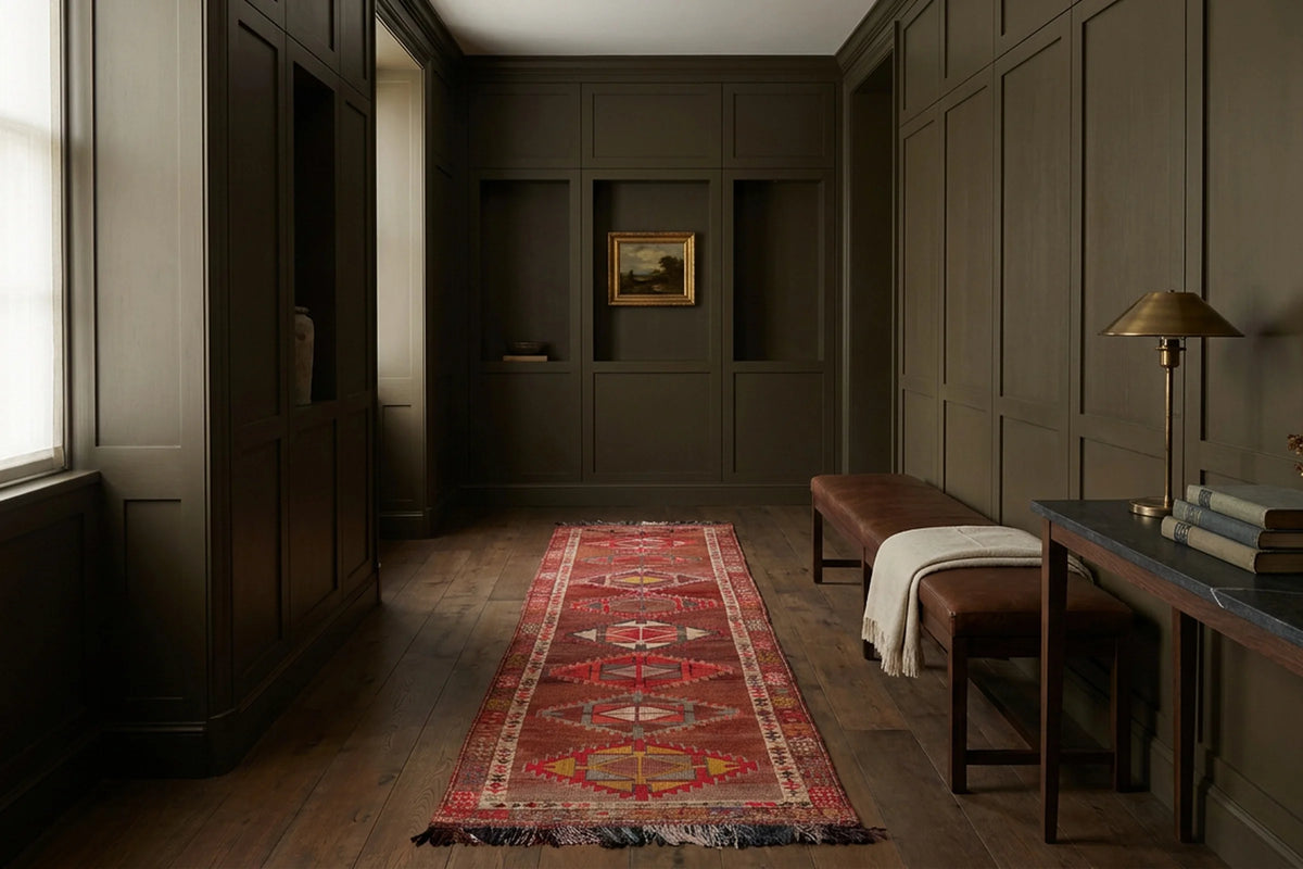 Red Persian runner rug in a corridor