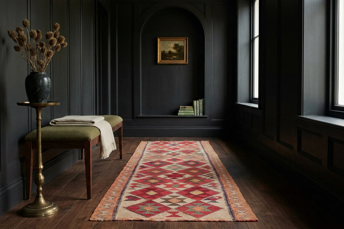Red Persian runner rug in a conservatory