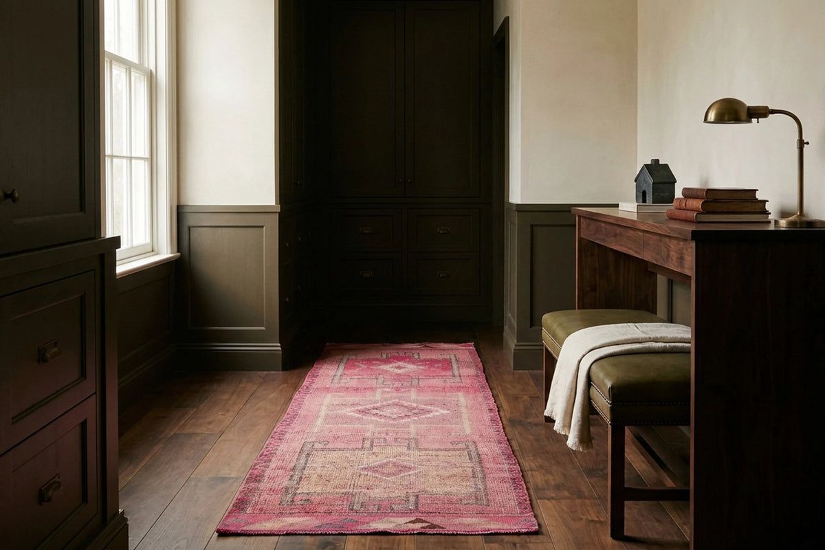 Red Persian runner rug in a library