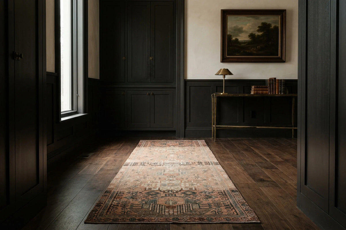 Brown Persian runner rug in a styled room
