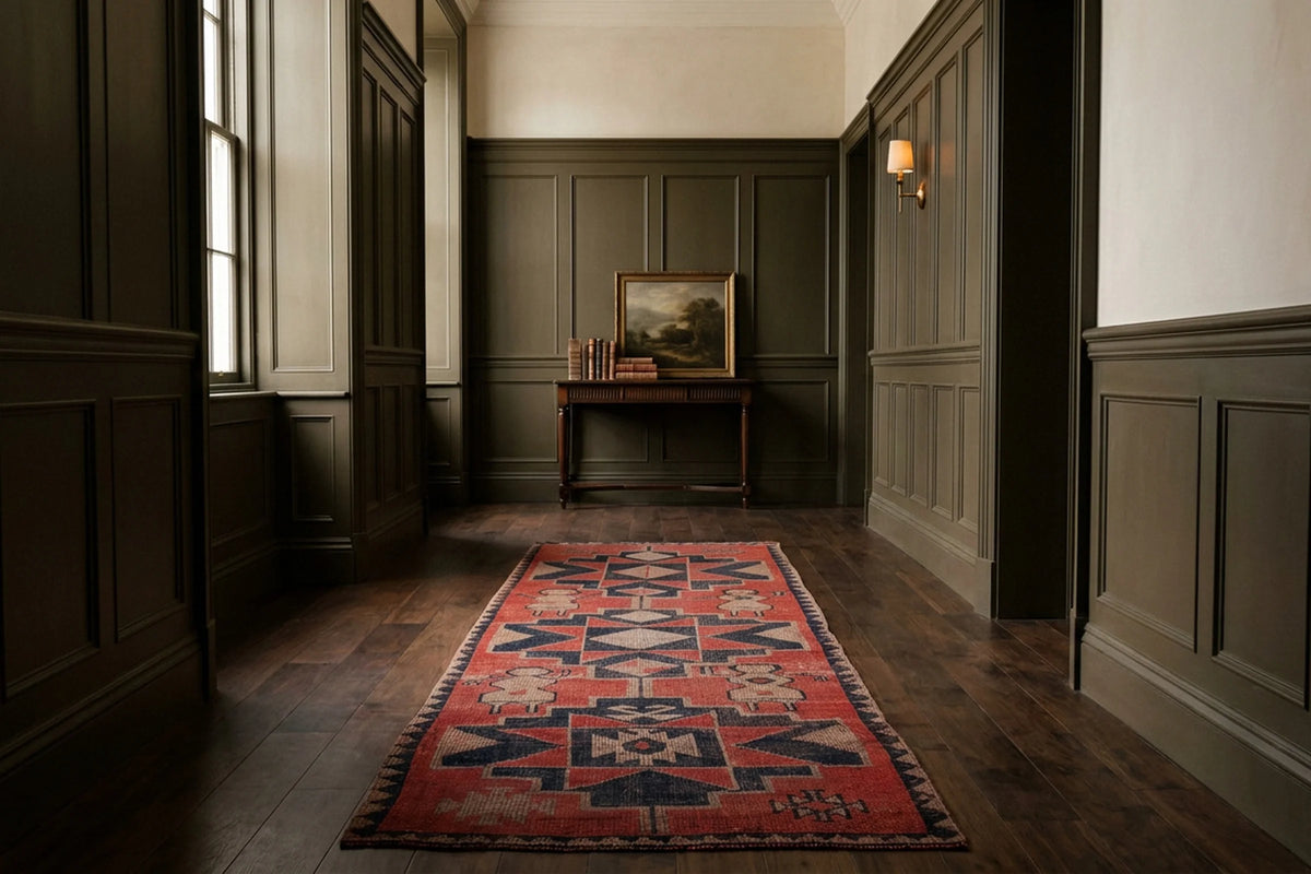 Red Persian runner rug in a hallway