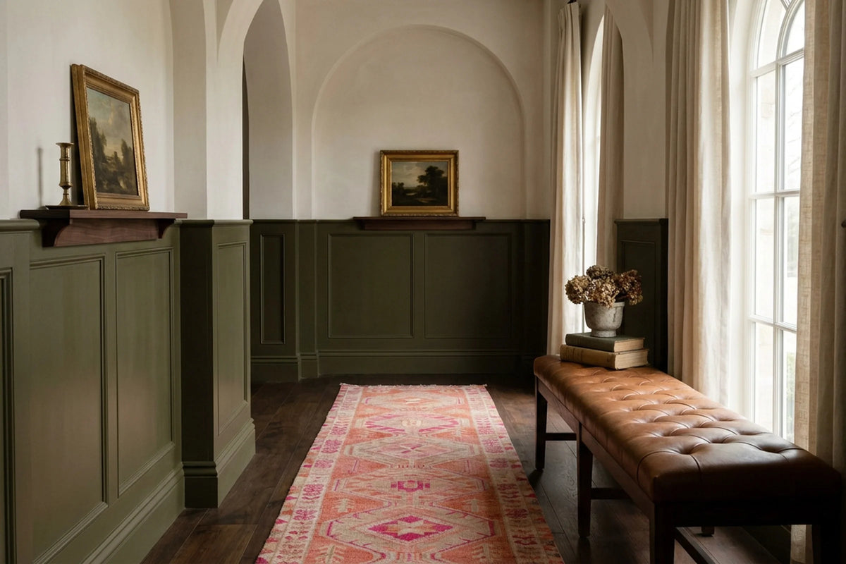 Brown Persian runner rug in a corridor