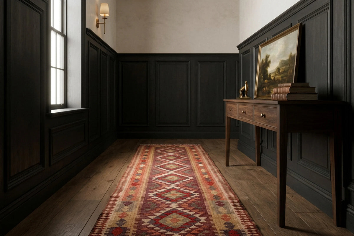 Brown Persian runner rug in a den
