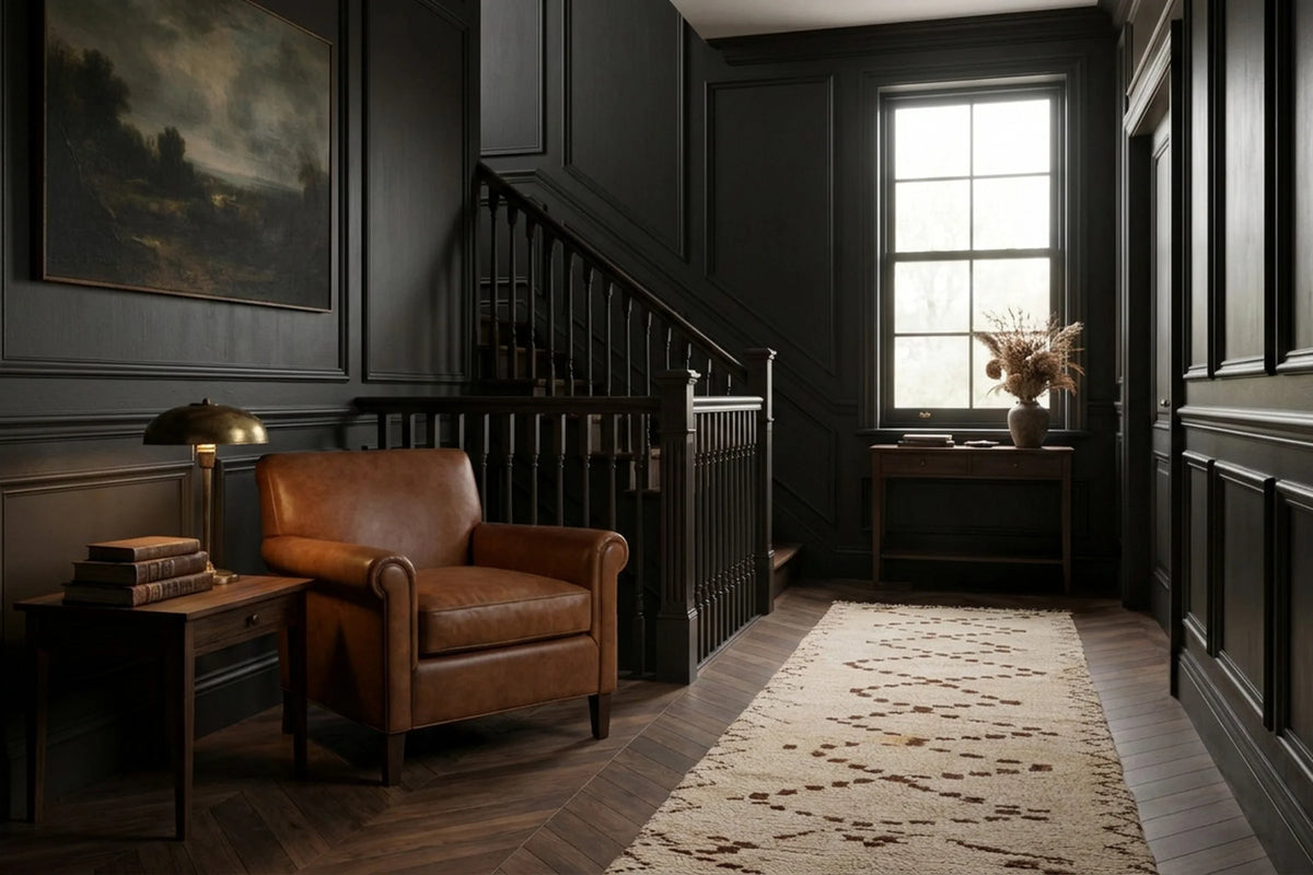 White Persian runner rug in a landing